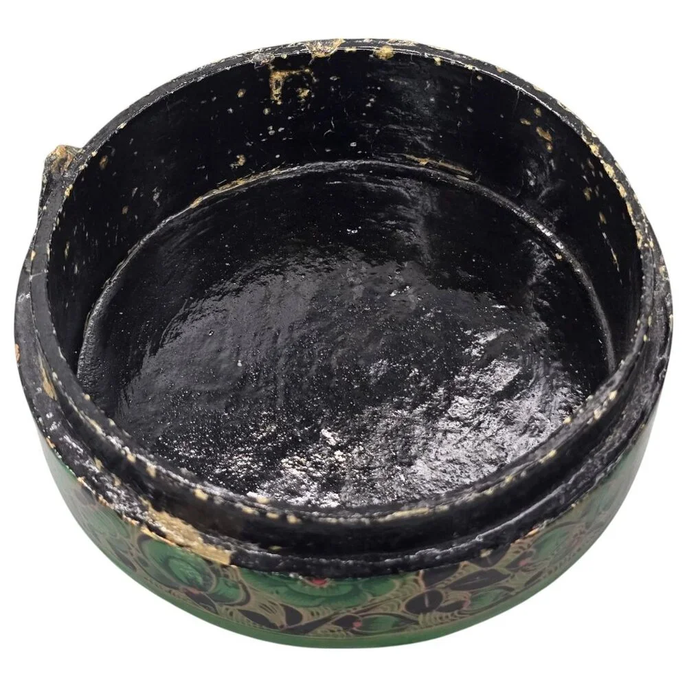 Paper Mache Green Floral Coaster Set Of 6 Storage Box Lacquered‎ Hand Painted